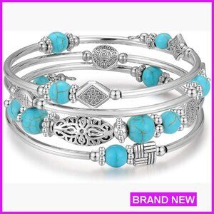 Layered Wrap Bangle Bracelet with Natural Agate Stone Beads, Flexible